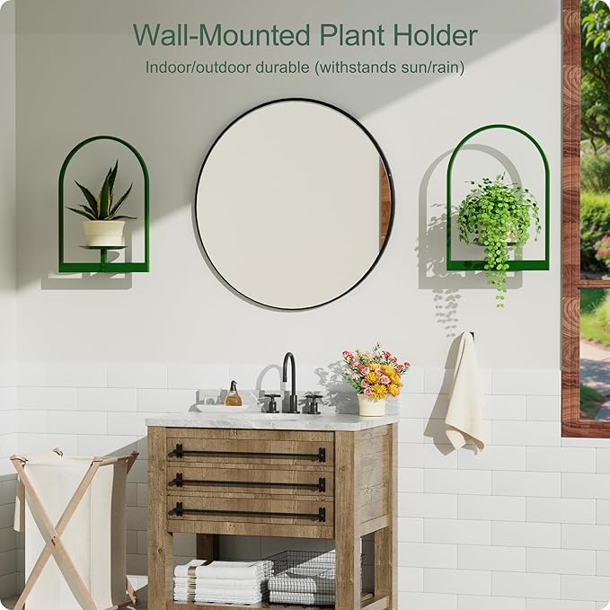 Green Metal Wall Plant Holder - 2-Pack Wall Mounted Plant Stands and Hanging Holders for Indoor Planter and Flower Pot - Arch Decor Shelf for Plant Storage (Pot Not Included)