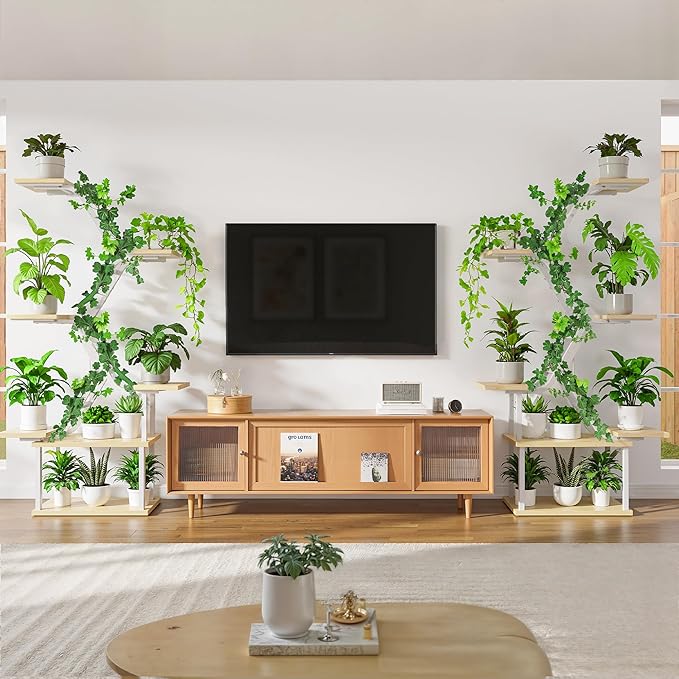 White Plant Shelves with Grow Lights: 7-Tier 65" Tall Modern Plant Stand for Indoor Corners, Living Room Display or Bedroom Gardening Rack