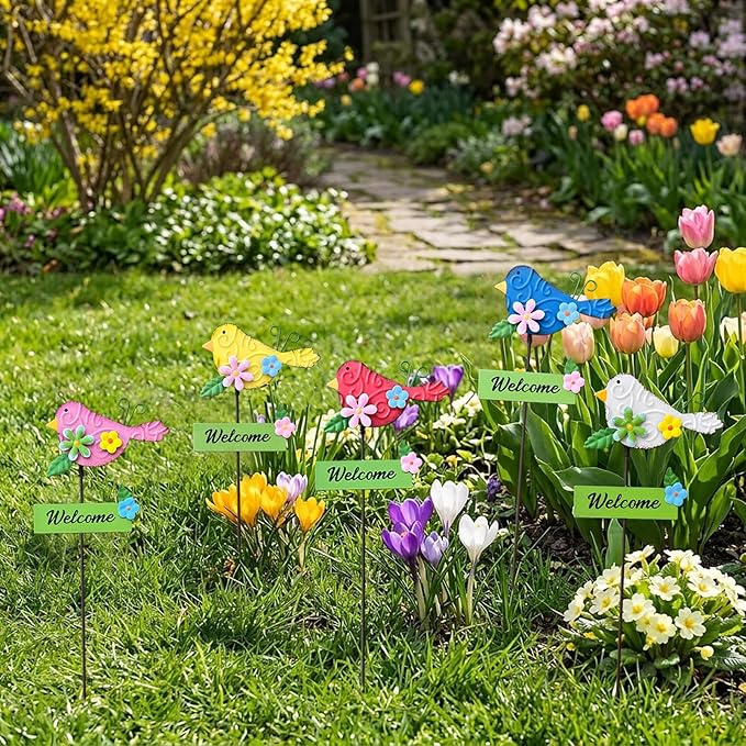 5Pack Metal Bird Decorative Garden Stakes,15.9 Inch Metal Garden Decor for Outside for Spring Decor, Shaking Head Yard Art Garden Decorations for Outdoor Lawn Pathway Patio