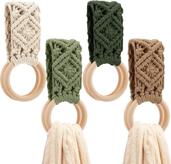 Tioncy 4 Pcs Kitchen Dish Towel Holder Gifts for Mother Boho Handmade Crochet Hanging Towels Loop Ring Knit Towel Hanger for Cabinet House Oven Stove Door, 4 Colors(Sage Green)