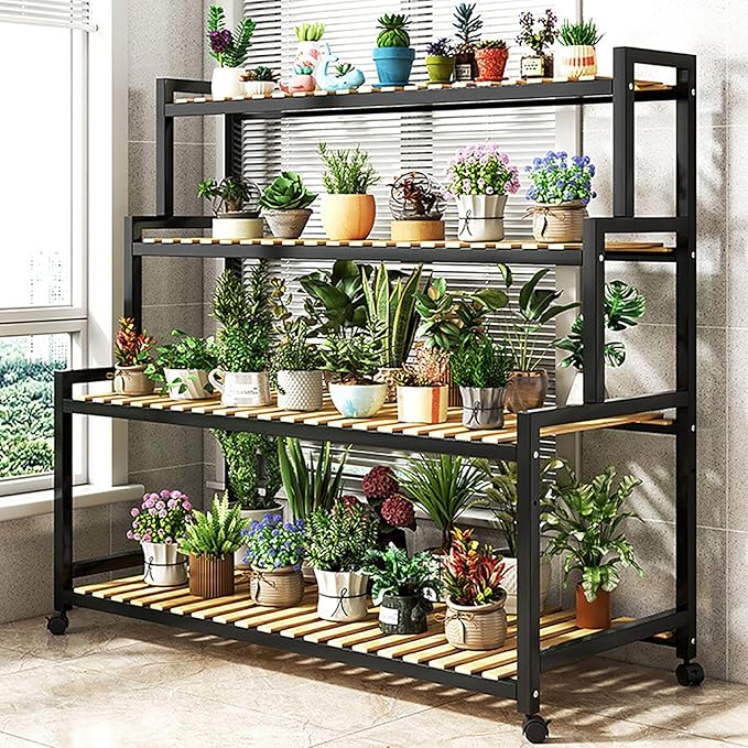 Modern Multi-Tier Metal Flower Stand with Bamboo Shelf – 4-Level Indoor Plant Holder, Ladder-Style Succulent Display Rack for Home Decor and Stylish Plant Organization