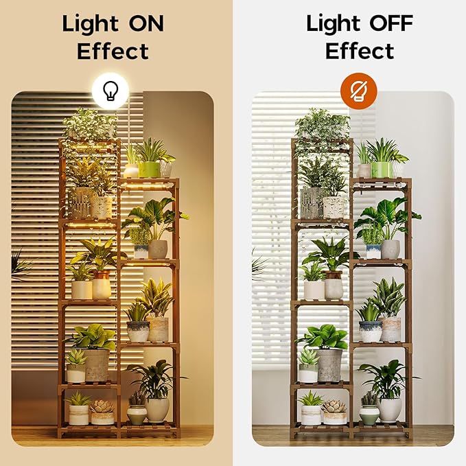 Bamworld Plant Stand with Grow Lights Indoor Outdoor 9 Tier Tall Large Wood Plant Shelf Multi Tier Flower Stands Garden Shelves Wooden Plant Display Holder Rack for Living Room Corner
