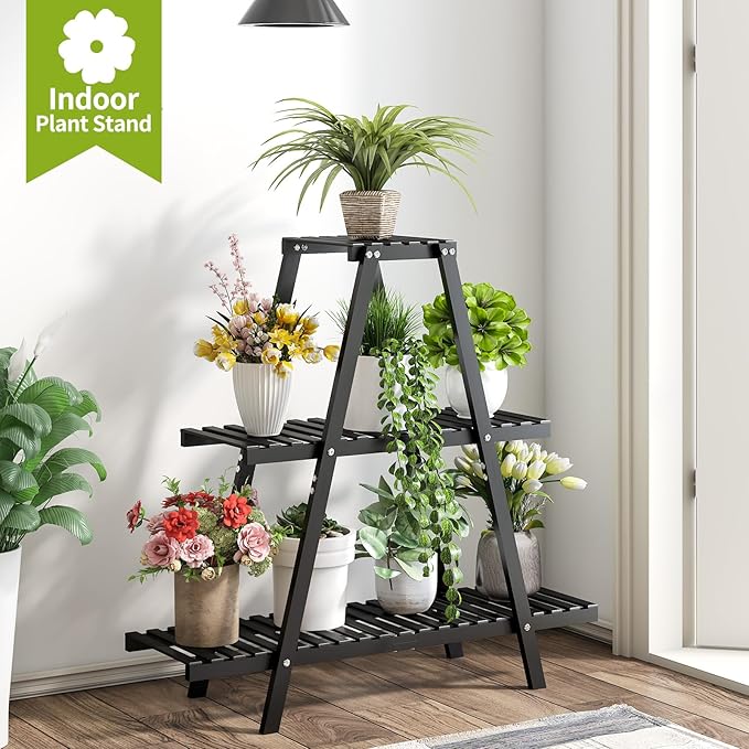 BMOSU Plant Stand Bamboo for Indoor Outdoor Tiered Plant Shelf 8 Potted Flower Holder Ladder Rack Garden Balcony Living Room Patio(3 Tier Black)