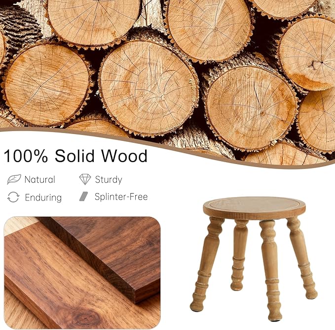 100% Solid Wooden Step Stool, Small Wooden Stool for Adults, Wood Plant Stools, Small Round Stool for Bathroom, Kitchen, Bedroom, Plant Stand
