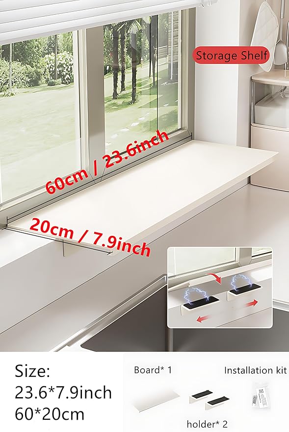 23.6inch Window Sill Extender Plate, Kitchen Organization Storage Rack with Magnetic Base, Carbon Steel Storage Shelf, Window Sill Extender for Plants(60x20cm/23.6x7.8in)