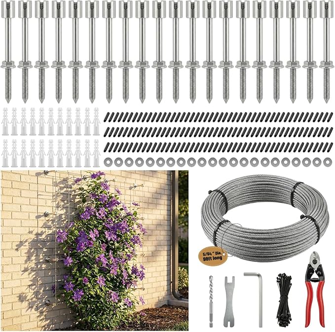20 Set Wire Trellis Kit, 98ft x 2mm T316 Stainless Steel Cable & Cutter, Corrosion Resistant Outdoor Wall Espalier System for Climbing Plants and Vine Support (Installation Tools Included)