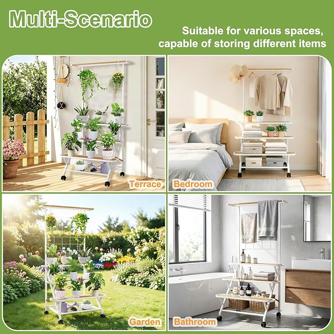 4 Tier Plant Stand Indoor Outdoor with Wheels, Large Metal Plant Shelf for Multiple Plants, Heavy Duty 130 lbs Capacity, Tall Flower Rack for Living Room Patio Balcony Garden, White