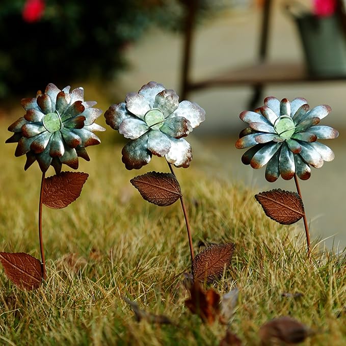 CEDAR HOME Galvanized Floral Garden Stake Outdoor Glow in Dark Plant Pick Water Proof Metal Stick Art Ornament Decor for Lawn Yard Patio, 4"W x 1.5"D x 13.8"H, 3 Set