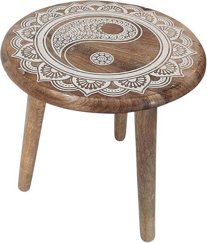 VANIYA CRAFTS® Wooden Engraved Fold-able Side Table/End Table/Plant Stand/Stool for Living Room Bedroom Restaurant Kids Play Furniture Table Round Shape (Natural White)