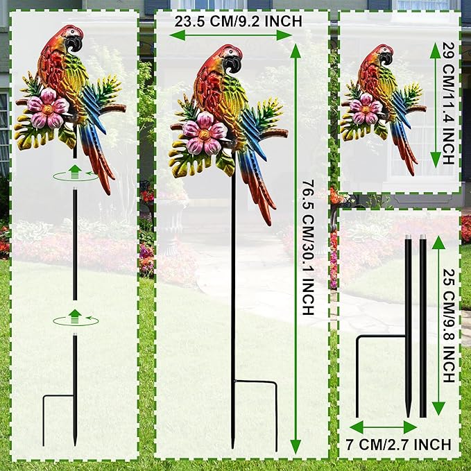Tropical Parrot Garden Stakes, Metal Outdoor Decorative Lawn Ornaments with Flowers, 3 Pack Colorful Bird Yard Art Decor