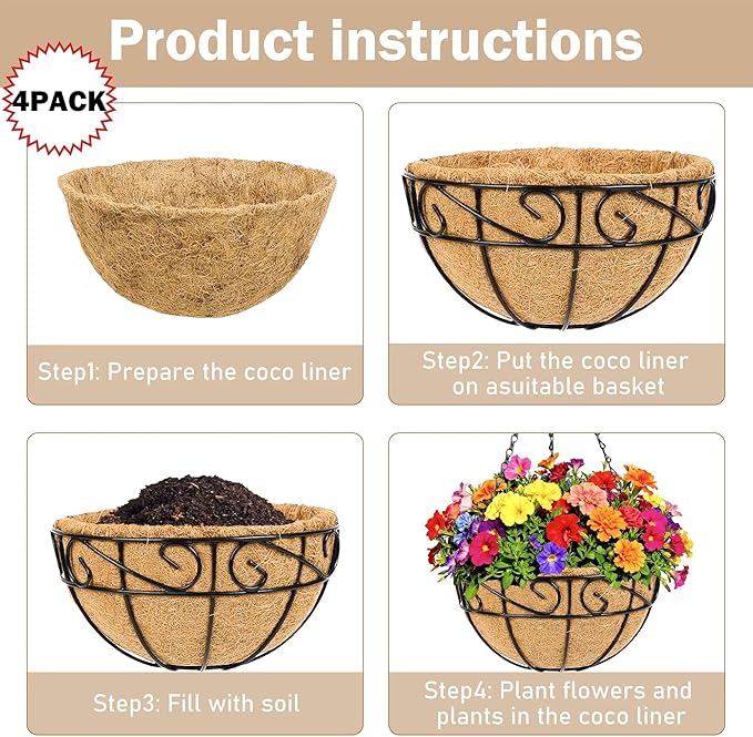 Metal Hanging Planters Basket Set of 4 Outdoor with Coco Fiber Liners Chain Hanging Basket Suitable for Vegetables Flower Heavy Duty Round Plant Holder Garden Balcony Patio Deck Porch Decor
