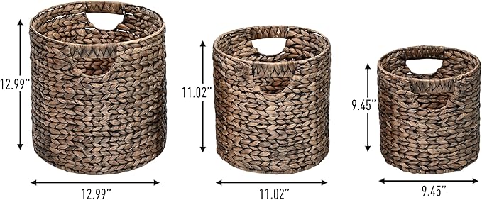happimess BSK2011B-3SET Avery Bohemian Cottage Handwoven Hyacinth Cylinder Nesting Wicker Storage Baskets with Handles, Brown (Set of 3), Seagrass Containers for Decoration in Living Room, Bedroom