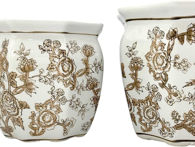 Galt International Brown & White Round Fluted Floral Porcelain Ceramic Plant Flower Planter Pot Set of 3 (7.5", 10", 13") Garden Pots Chinese Asian Design