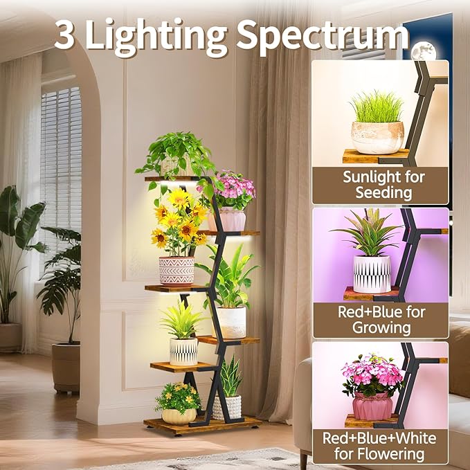 LASZOLA Black 5 Tier Tall Wood and Metal Plant Stand Indoor with Grow Lights, Large Heavy Duty Vertical Corner Flower Rack for Multiple Planter, Sturdy Rustic Shelf Holder Organizer for House Patio