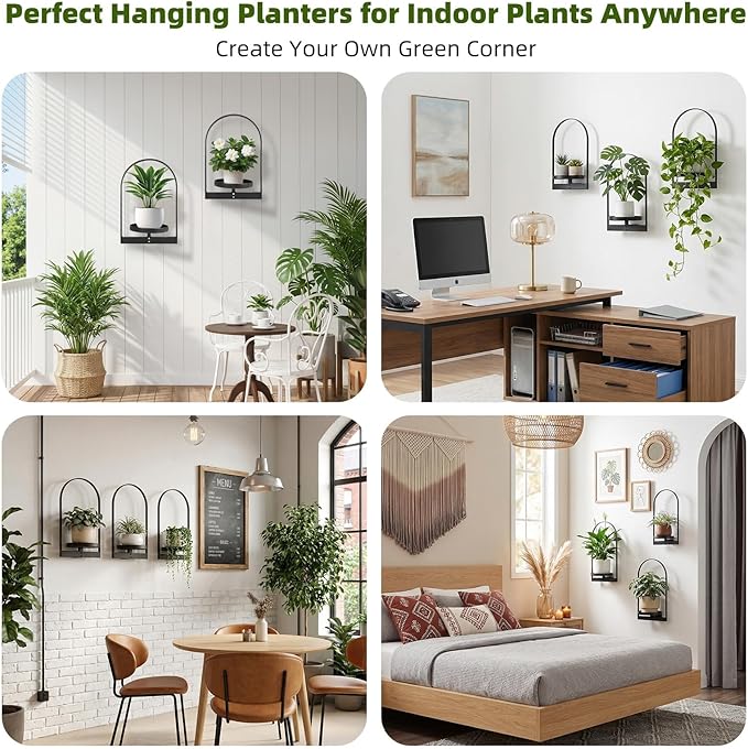 3 Pack Wall Plant Holder for Indoor Plants, Metal Wall Mounted Plant Shelf for Small Pots, Modern Arch Hanging Wall Planter Display with Hooks, Plant Frame Wall Decor for Living Room, Bedroom, Black