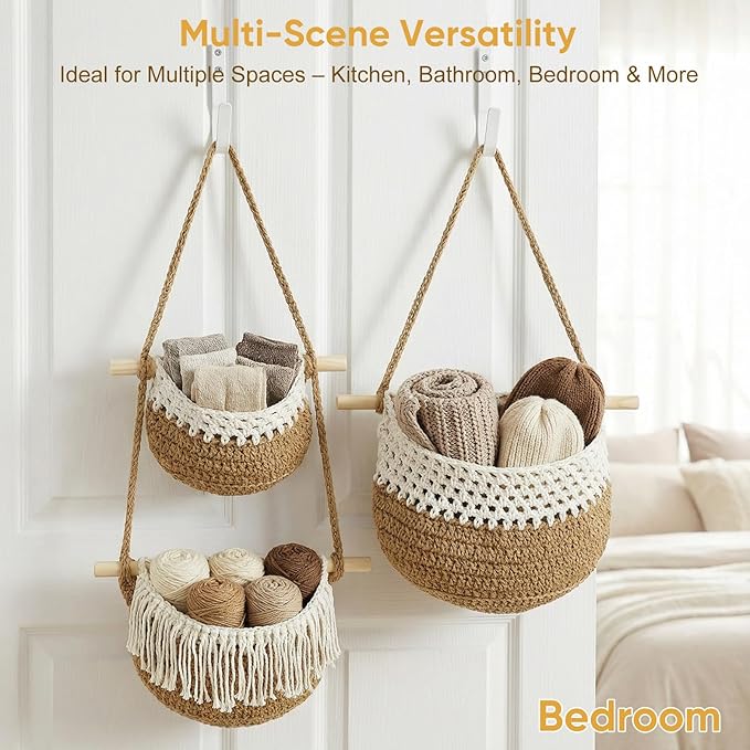 Boho Style Handwoven Rope Hanging Basket - 3-Tier Detachable Storage Organizer for Kitchen/Bathroom/Entryway, 3 Included Heavy-Duty Hooks, 7 Color Options Available (Khaki&White)