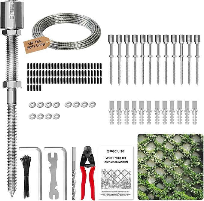 SPECILITE Wire Trellis for Climbing Plants Outdoor, 12-Set T316 Stainless Steel Wall Trellis Kit, 1/8in x 60ft Ropes with Cable Cutter, Espalier System for Fence Wall and Garden DIY