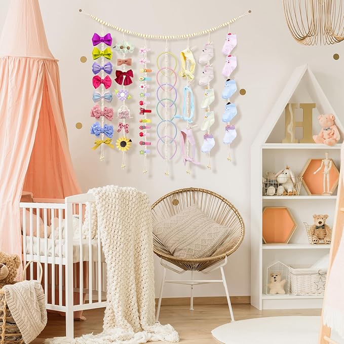 KLOGTSIND Macrame Hanging Photo Display Boho Wall Decor, Picture Christmas Card Holder with String Lights, Photo Hanger with 50 Clips for Room, Dorm, Nursery, Home Decor, Teenage Teen Girl Gifts