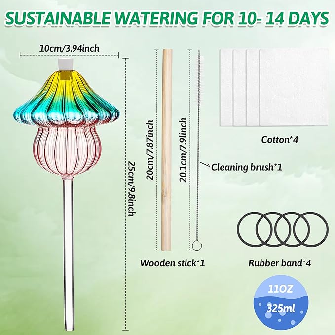 11 oz Large Plant Watering Globes, Mushroom Gradient Color Glass Watering Bulbs, Vacation Plant Watering Devices, Self Watering Globes - Self Watering Planter Insert for Travel (Large 4-Pack)
