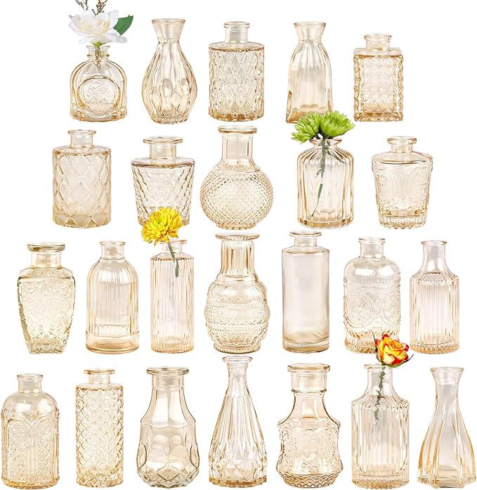 TBWIND Glass Bud Vase Set of 24, Small Amber Flower Vases for Centerpieces in Bulk, Mini Vintage Vase for Wedding Decor, and Home Table Décor