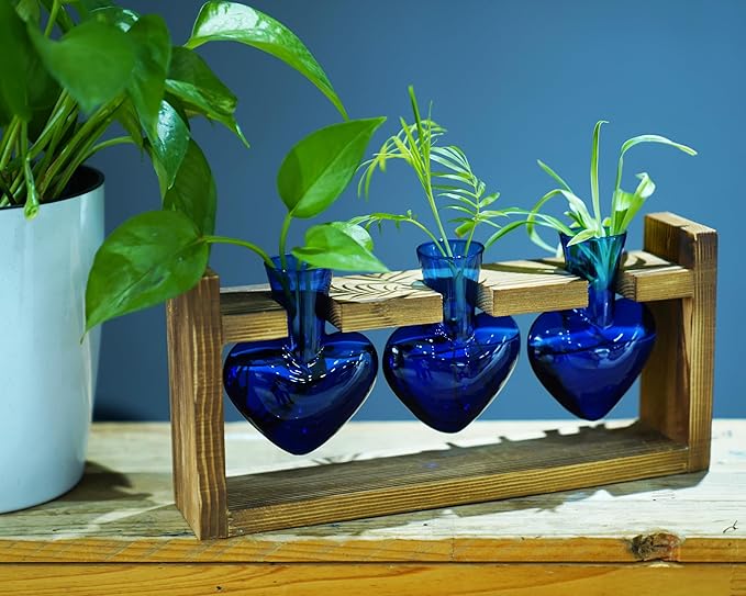 Kingbuy 3-Heart Plant Terrarium Kit with Vintage Wood Stand - Stained Glass Vase Propagation Station, Wall-Mounted & Tabletop Indoor Decor for Home Kitchen Wedding Gift, Blue