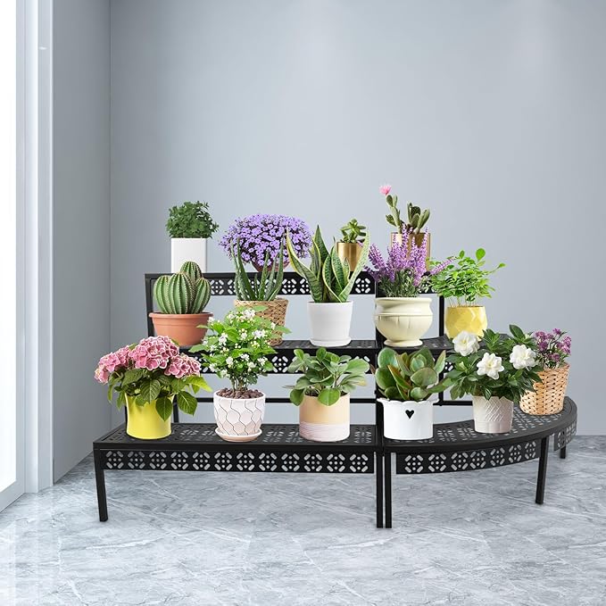 3 Tier Plant Stand for Indoor Outdoor, Large Capacity Iron Plant Shelf Stand for Multiple Potted Plants with Stepped Design,35.43/43.31/51.18in,Vintage Black Fan Shape Garden Stands
