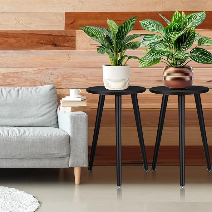 Briwooody 2 Pcs Wood Plant Stands Indoor Wooden Stool for Plants Mid Century Vintage Modern Flower Pots Holder Round Side Table End Table Plant Stools for Living Room Corner Balcony Decor(Black)