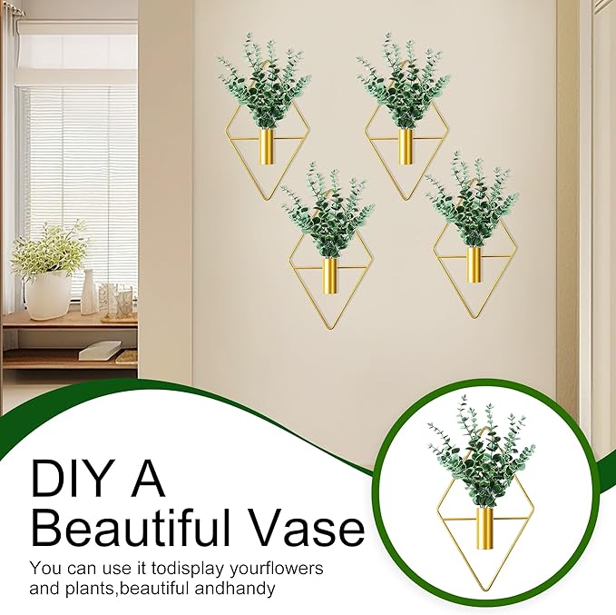 2 Pack Gold Wall Decor Hanging Planters with Artificial Plants Metal Hanging Vase Indoor Plants Holder Modern Boho Wall Art for Bathroom Bedroom Living Room Office (Gold, Eucalyptus)