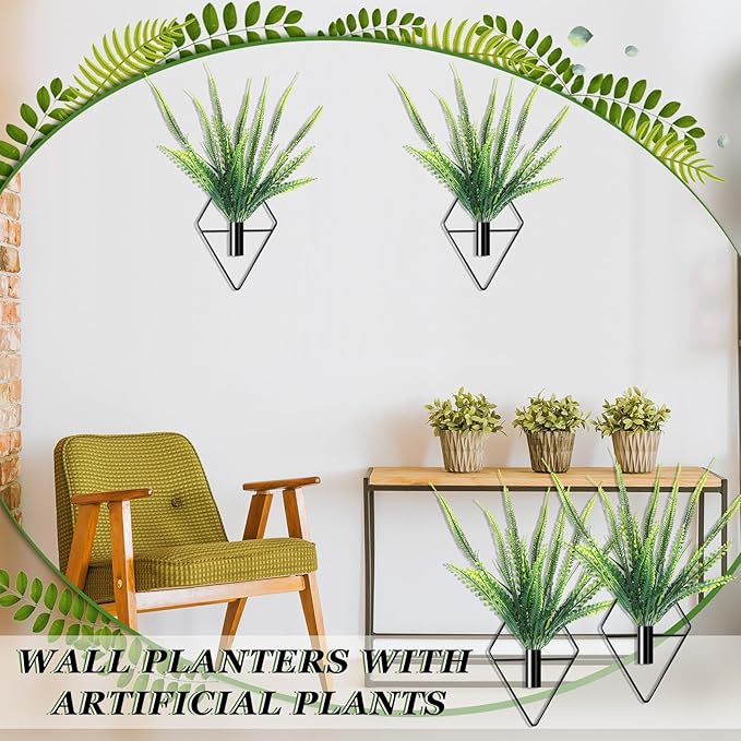 Canlierr 2 Pieces Black Wall Decor Hanging Planters with Artificial Plants Metal Hanging Vase Indoor Plants Holder Modern Geometric Wall Art for Bathroom Bedroom Living Room Decor(Boston Fern)