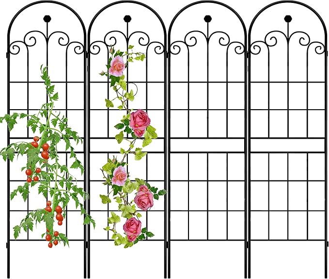 LZRS 4 Pack 71x20in Rustic Iron Arch Decoration Garden Trellis with Black Metal Coating – Perfect for Supporting Climbing Plants Outdoor, Roses, Vines, Flowers, and Vegetables.