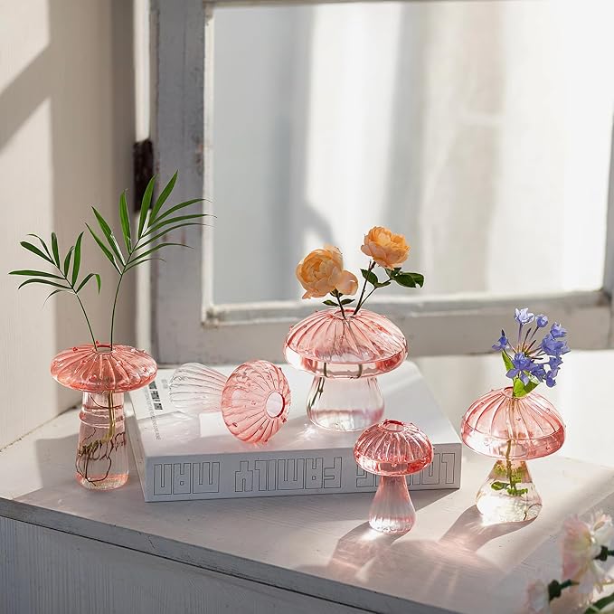 Glasseam Pink Glass Mushroom Vase: Cute Small Flower Vase Set of 10 Unique Mini Bud Vases for Centerpieces Decorative Vases for Flowers Funky Plant Vase Decor