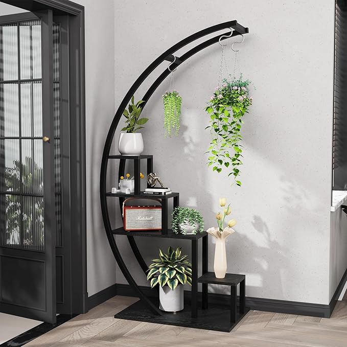 Jojoka Plant Stand Indoor Outdoor 2 Pack, 5 Tier 56" Tall Metal Plant Shelf, Heavy Duty Corner Flower Rack with Hanging Hooks, Multi Plant Holder for Living Room Garden Balcony,Brown