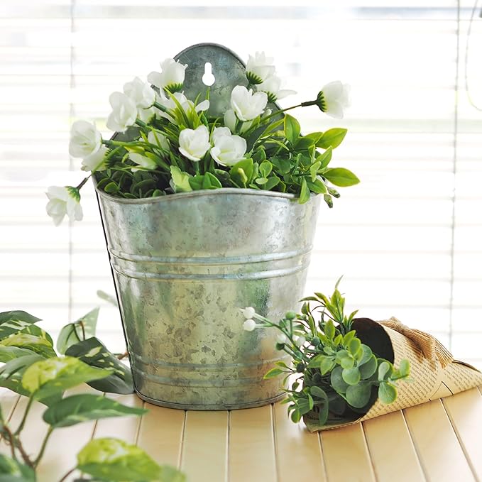 Hosley Set of 2 Galvanized Wall Planters, 10 Inch Hanging Metal Buckets for Indoor Outdoor Garden, Farmhouse Wall Decor, Rustic Patio & Balcony Planter Pots