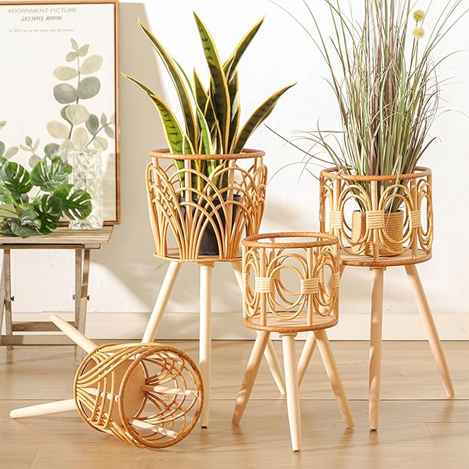 Rattan Indoor Plant Stand Straw Woven Flowers Pot Holder Stool With Legs Floor Planter Baskets Rack Wooden Plant Shelf