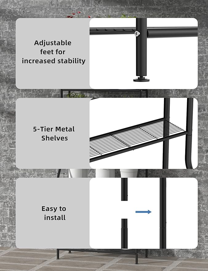 Livilord 5-Tier Plant Stand Indoor Outdoor, 64" Tall Metal Ladder Shelf for Multiple Flower Pot Holder, Waterproof Corner Garden Rack for Balcony Living Room, Black