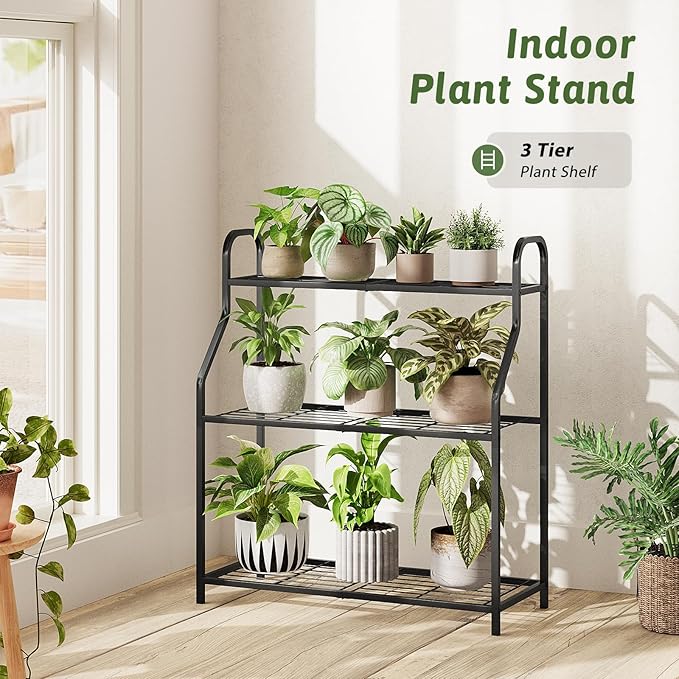GENTINGBRO Plant Stand Outdoor 3 Tier Plant Stand Metal Plant Stands Waterproof Plant Holder Rack for Indoor Use Robust Flower Stand Plant Shelf for Living Room Balcony Garden Black