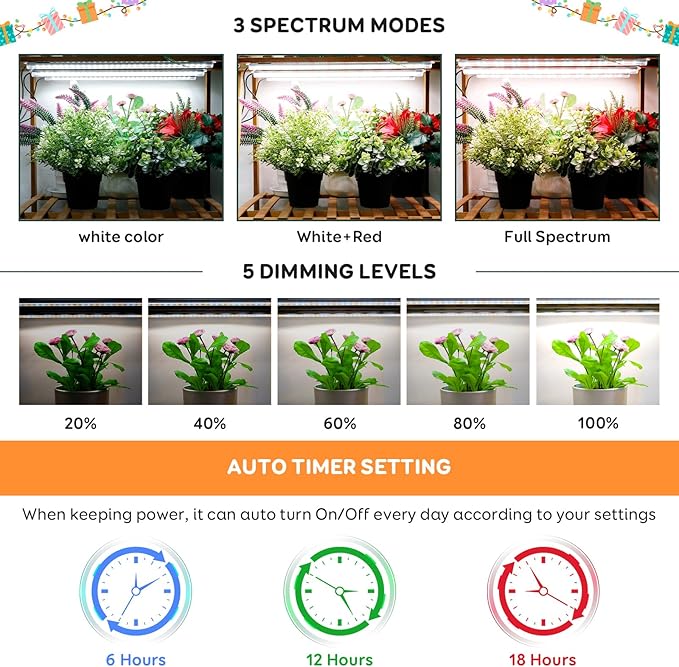 SDOVUERC 6 Bars Grow Light Strips for Indoor Plants with Auto ON/Off Timer 6/12/18H, 5 Dimmable Levels for Shelves Plant Growing(Pack 2)