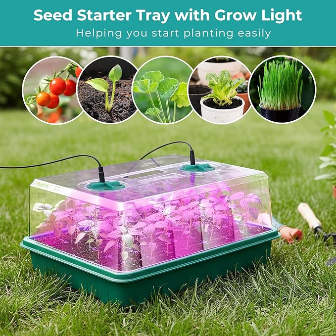 Hanaoyo 96 Cells Seed Starter Tray with Lights, 2 Packs Seed Starter Kit with Humidity Vented Domes and High Lid, Adjustable Brightness Germination Kit for Indoor Greenhouse Seed Starter