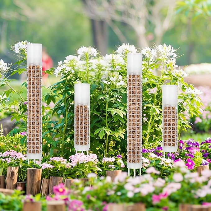 4 Pack Self-Watering Plastic Moss Stake for Monstera Plant Support Multi-Size Stackable and Refillable Plastic Moss Stakes for Climbing Plants with Large Mesh Design