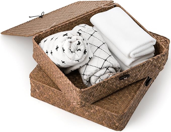 Elsjoy 2 Pack Flat Seagrass Storage Bins with Lid, Wicker Woven Storage Basket Set, Rattan Organizer Bins for Shelf, Closet, Bedroom