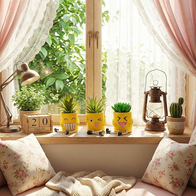 3Pcs Cute Fake Plants Small Potted Succulents with Yellow Pot, Creative Artificial Succulent Plants in Hanging Leg Fun Pot, Mini Vibrant Faux Plant for Home Office Desk Decor and Gift Choice