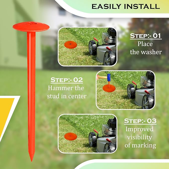 FEBTECH - Septic Tank Marker - 2.3" x 7" - Suitable Property line Markers for Protecting Your Septic Tank and Property Boundary with Solid and Sturdy Survey Stakes - Pack of 6 Pcs + 1 Hammer