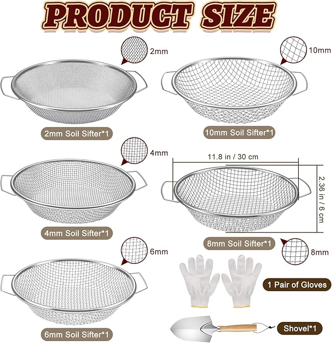 5PCS Soil Sifter, Gardening Soil Sifter with Handle Rock Compost Sifting Screen for 5 Gallon Buckets Garden Metal Sieve Strainer with Shovel 2,4,6,8,10mm Mesh Sizes Remove Stone Fine Gravel Sand Dirt