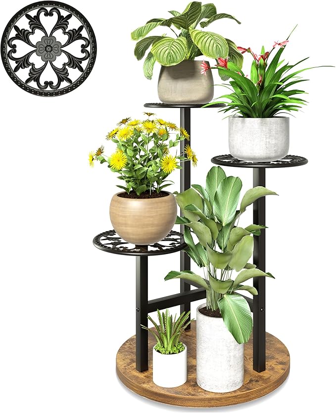 3 Tiered Tall Plant Stand, Tall Metal Wood Shelf Holder for Indoor Outdoor, Tiered Flower Stand for Corner Patio Balcony Porch Garden Living Room House