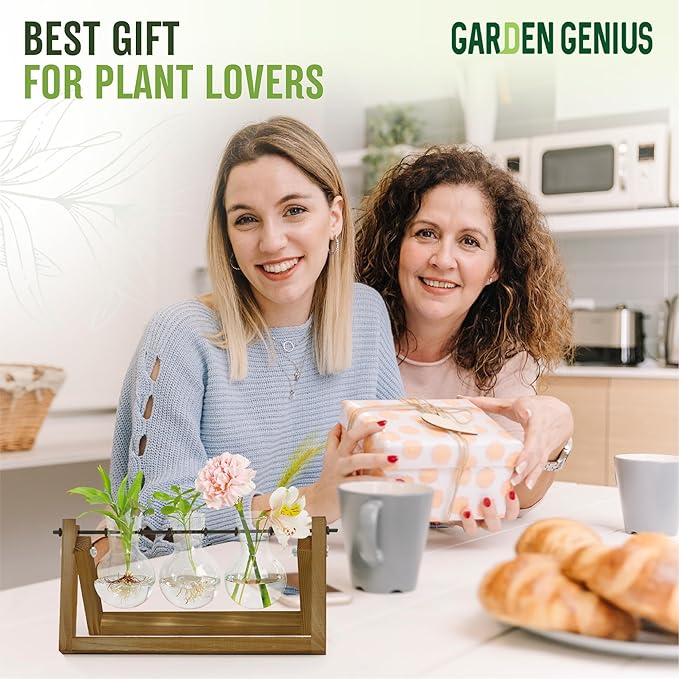 Glass Propagation Station with Wooden Stand – 3 Bulb Vase Plant Terrarium for Home & Office | Ideal Christmas, New Year & Birthday Gift for Plant Lovers, Moms | Hydroponic Desktop Planter Set