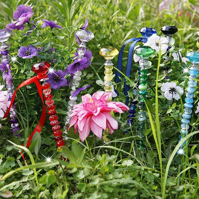 291 Pcs Beaded Garden Stakes Kit, DIY Fairy Wand Garden Stakes Beads Kit Colorful Large Hole Bead Crystal Stopper Top 10 Stainless Steel Threaded Rod Beaded Fairy Wands Supplies For Outdoor Decorative