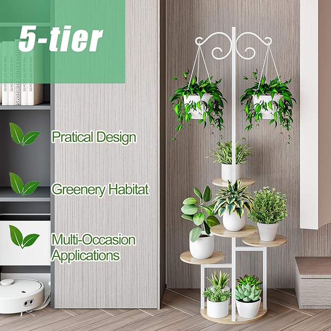 INGIORDAR Plant Stand Indoor Outdoor Corner Plant Shelf for Multiple Flower Pots Flower Stand Holder for Patio Garden Balcony Living Room (White+Sonoma Oak, 5 Tier with Hook)