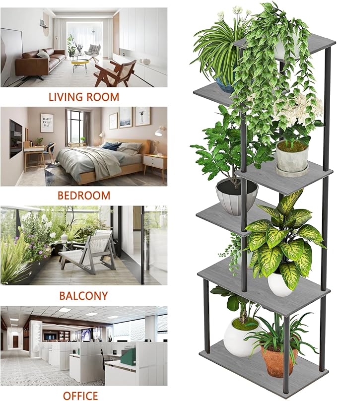 Plant Stand Indoor, 6-Tier Tall Plant Shelf Multiple Metal Wood Flower Pot Holder for Living Room Office Balcony Patio, Oak Grey