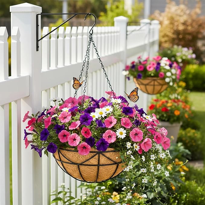 Hanging Baskets for Outdoor Plants (12 inch 4 Pack) Black Metal Wire Flower Basket Coconut Coir Hanging Planters with Chain Indoor Plant Holder for Patio Garden Balcony