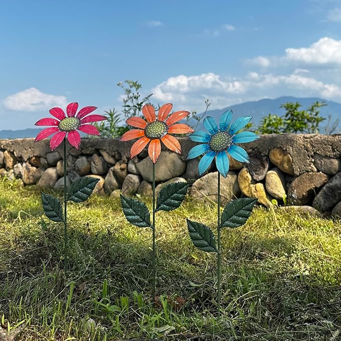 HUTHDAK Metal Flowers for Outside,5 Pack 16.15" Decorative Garden Stakes with Swaying Flowers Head Yard Art,Spring Garden Decor for Lawn, Pathway & Yard